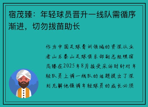 宿茂臻：年轻球员晋升一线队需循序渐进，切勿拔苗助长