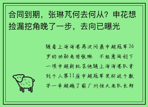 合同到期，张琳芃何去何从？申花想捡漏挖角晚了一步，去向已曝光